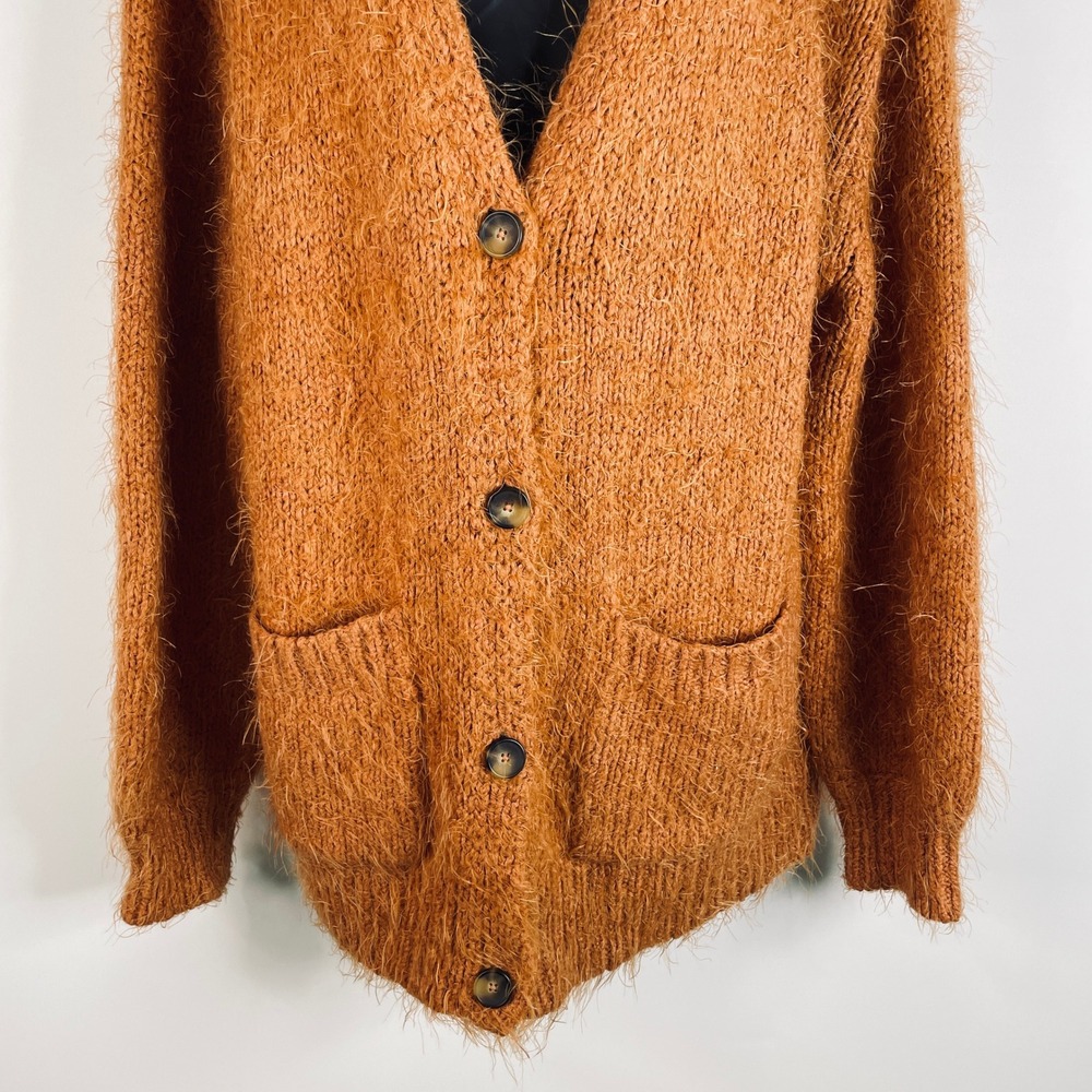 Free People Nevermind Sm Orange Shaggy Knit Button Front Sweater Oversized READ - Picture 15 of 16